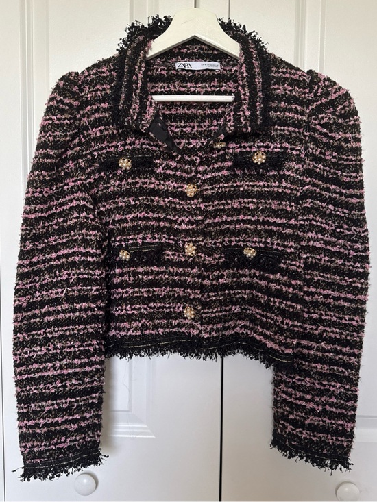Zara Jackets & Blazers - Zara Purple Tweed Jacket Pearl Buttons Size M Puff Shoulders Cropped